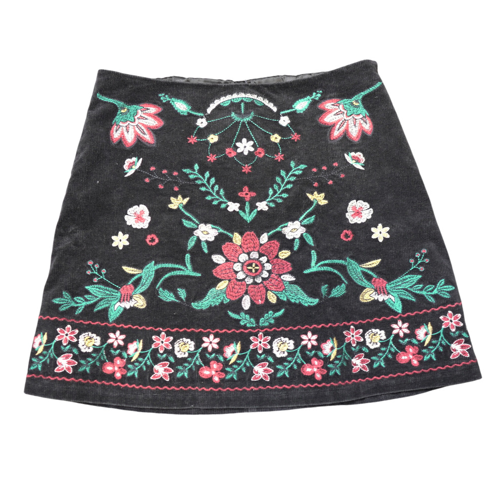 Black Mini Skirt Sz S Embroidered Floral Corduroy Lined Cotton Skater